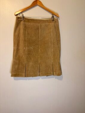Ann Taylor Loft Tan Suede Leather Midi Skirt Pleated Hem Size 12 Y2K